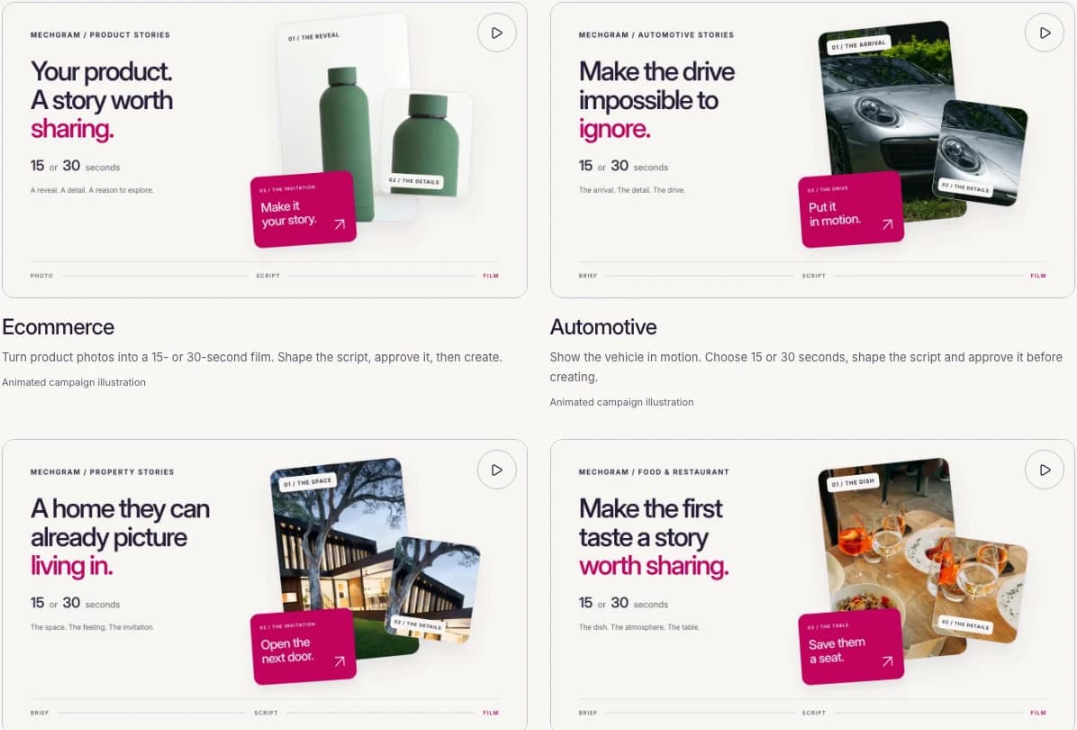 Campaign category selection on the real Mechgram site with illustrative product and automotive imagery