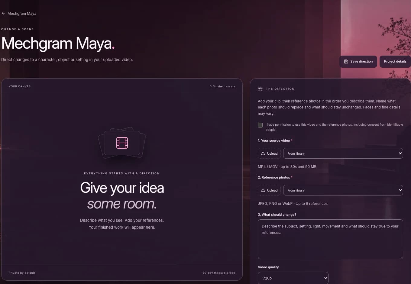 Mechgram Maya interface showing video upload and change modes
